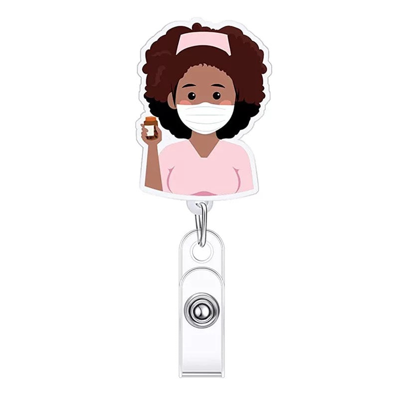 Pink nurse badge reel with natural hair – Petty Scrubs