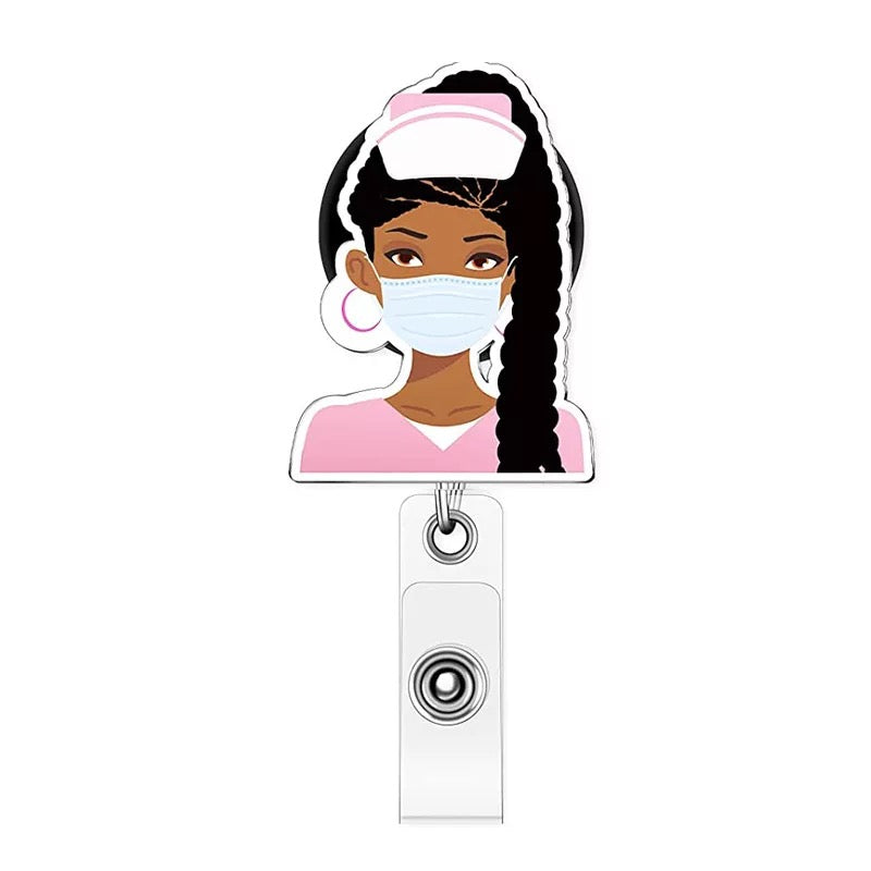 Pink nurse badge reel with braids